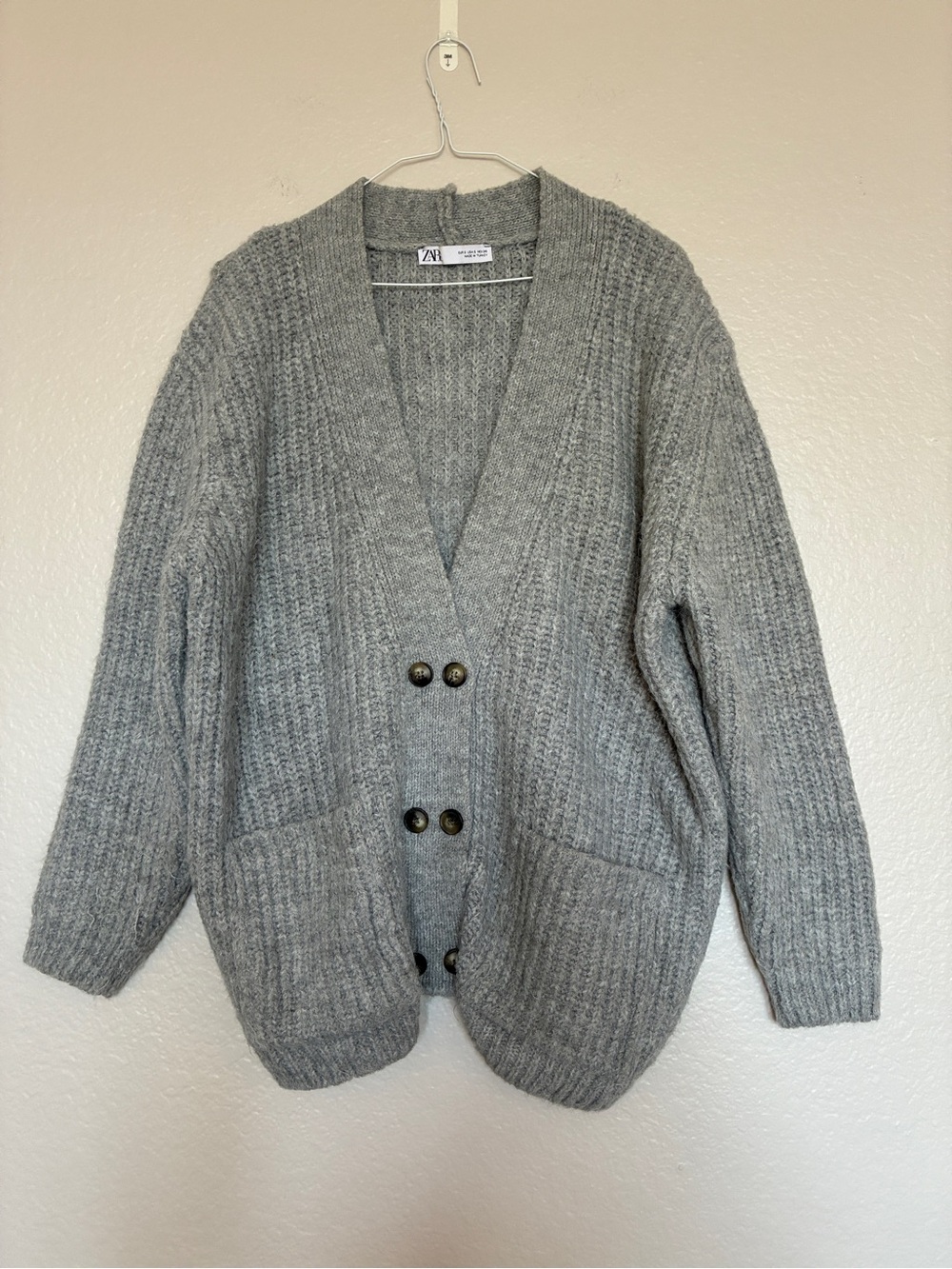Zara Gray Size S Chunky Knit Button-Front Women's Cardigan Double Buttons Fall